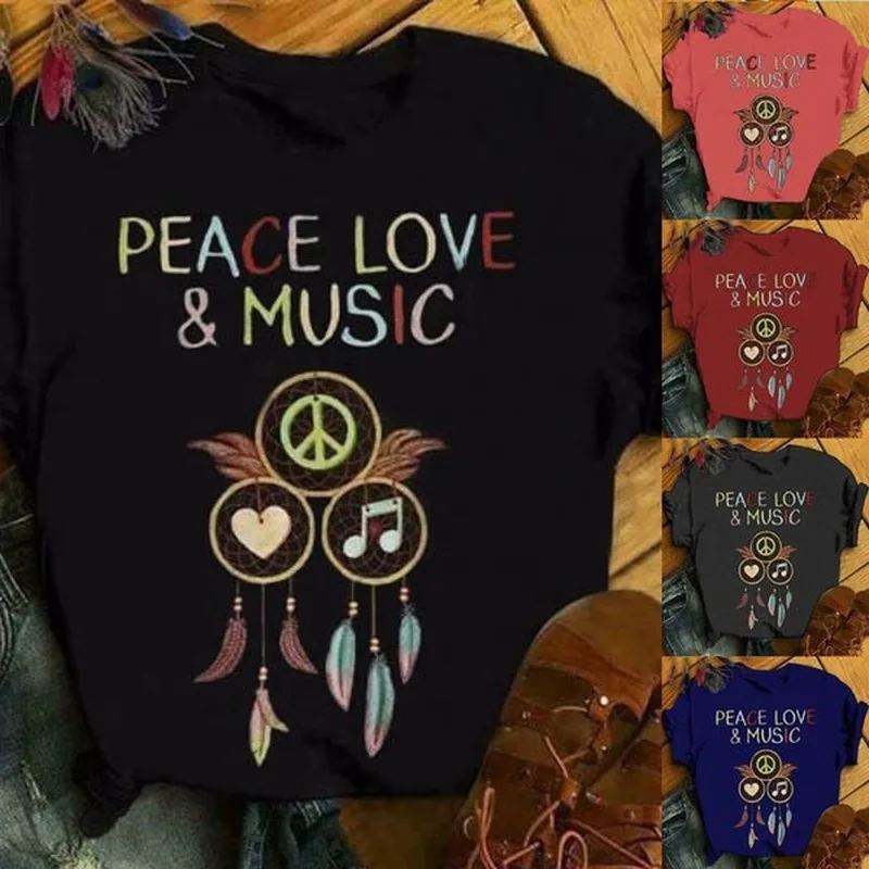 

Peace Love Music Wind Chimes Print T Shirt Women Short Sleeve O Neck Loose Tshirt Summer Women Tee Shirt Tops Camisetas Mujer