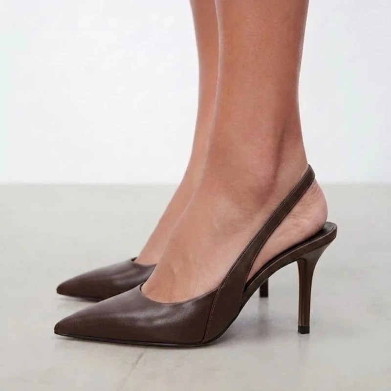 Women's Elegant Dark Brown Faux Leather Pointed Toe Slingback Stiletto Heels Ankle Strap Party Dress Office Shoes 2026