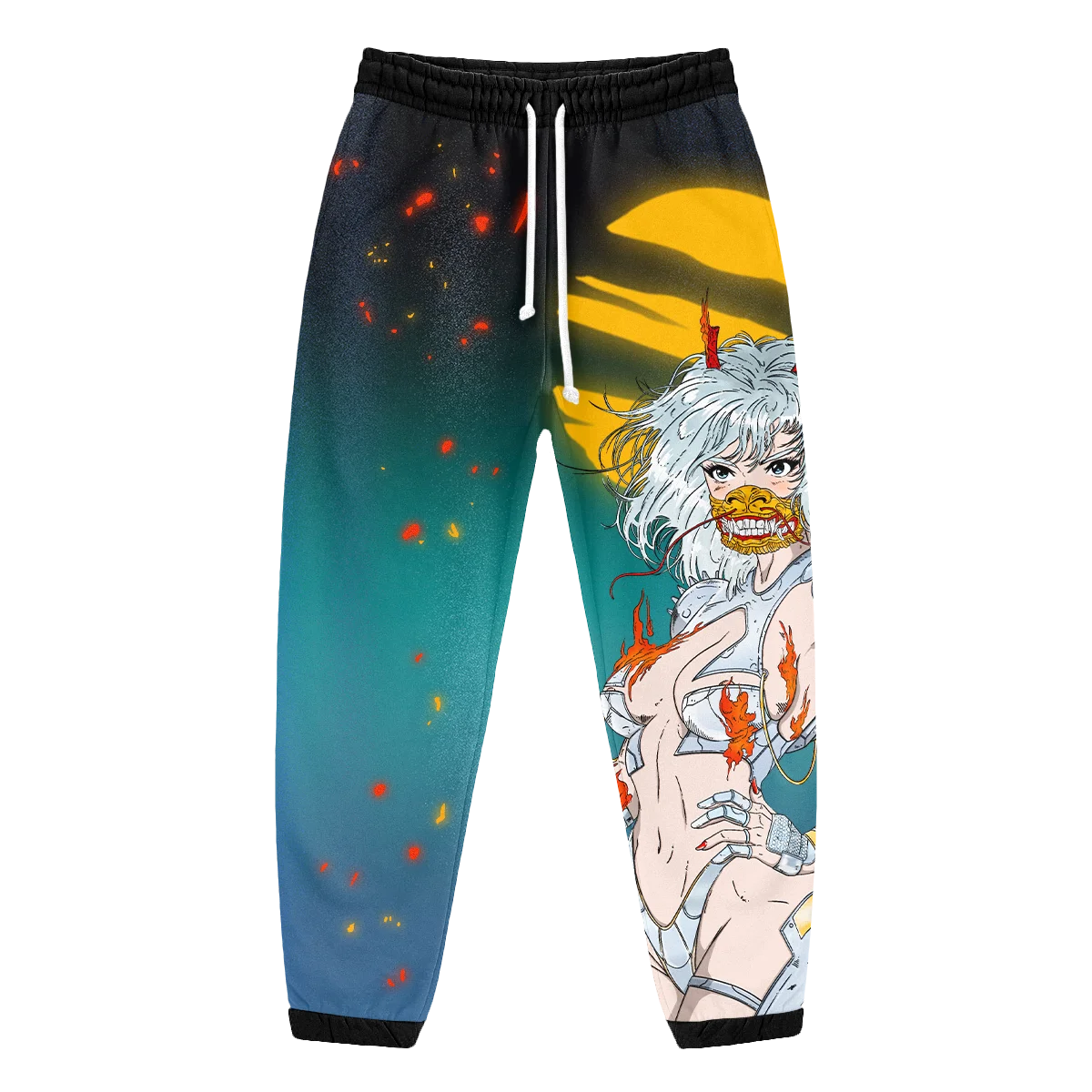 Cyber-Samurai Style Joggers – Drawstring Sweatpants with White-Haired Dragon Mask & Mecha Print (Unisex Y2K Anime Streetwear)