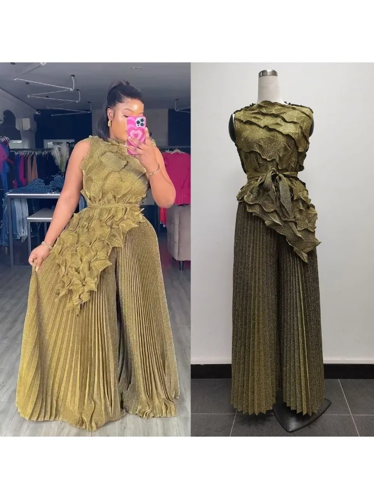 

Miyake плиссированный женский комплект из двух частей с модным комплектом из топа без рукавов на шнуровке без рукавов с золотой фольгой и широкими брюками