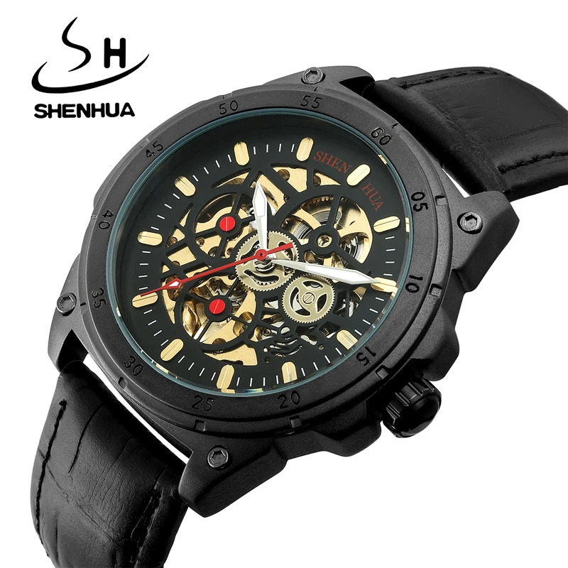 

SHENHUA Mechanical Steampunk Wristwatch Men Military Sport Watch Black Transparent Skeleton Automatic Creative Watch Clock