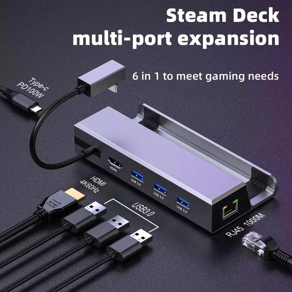 

Steam Deck Docking Station TV Base Stand 6 in 1 Hub Aluminum Alloy Holder Dock 60Hz HDMI-compatible USB-C For Steam Deck Console