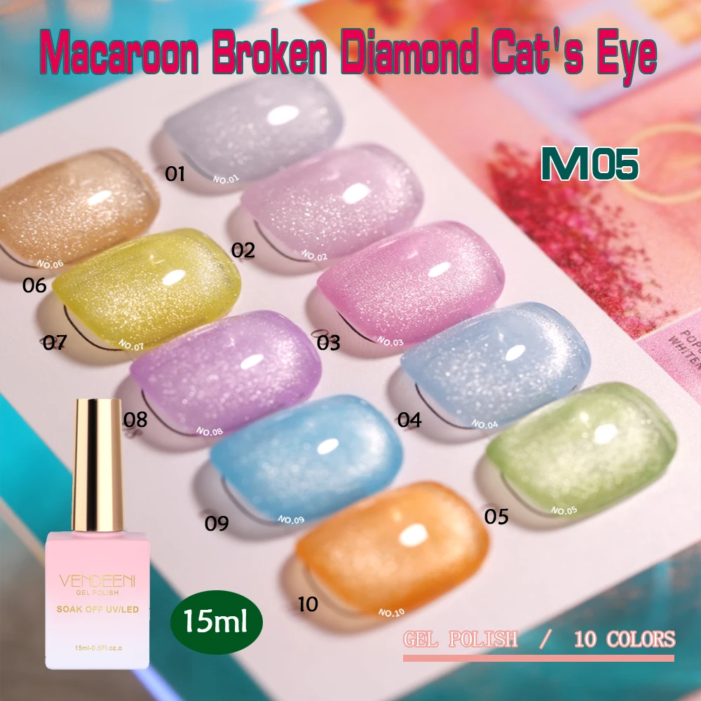 

Vendeeni 10 Colors Macaron Broken Diamond Cat Eye Gel Nail Varnish Soak Off UV LED Hybrid Neon Manicure Gel Nail Polish 15ml