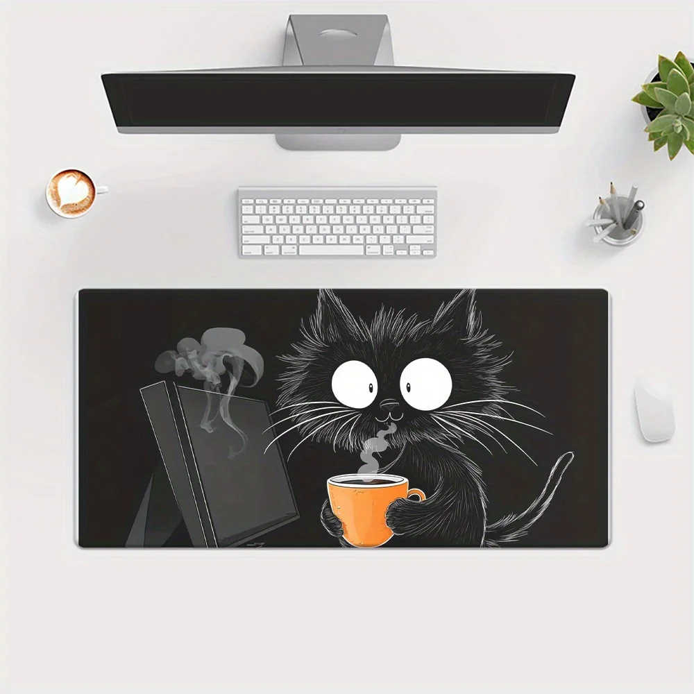 Funny Black Cat Drinking Coffee Graphic Extended Mouse Pad Large Rubber Non-Slip Desk Mat for Gaming PC Laptop