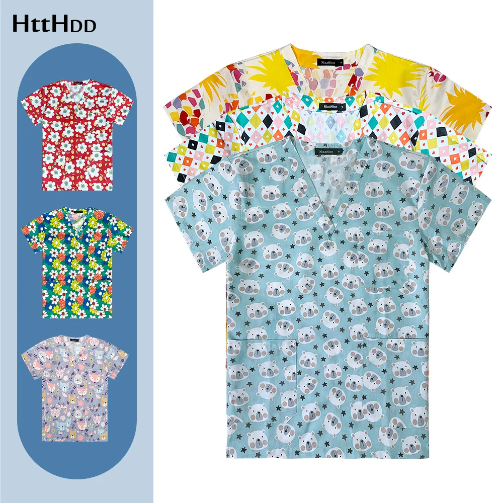 

New Medical Uniforms Cartoon Printed Beautician Scrubs Top Nurse Accessories for Work Spa Uniforms Women Mens Lab Coat Wholesale