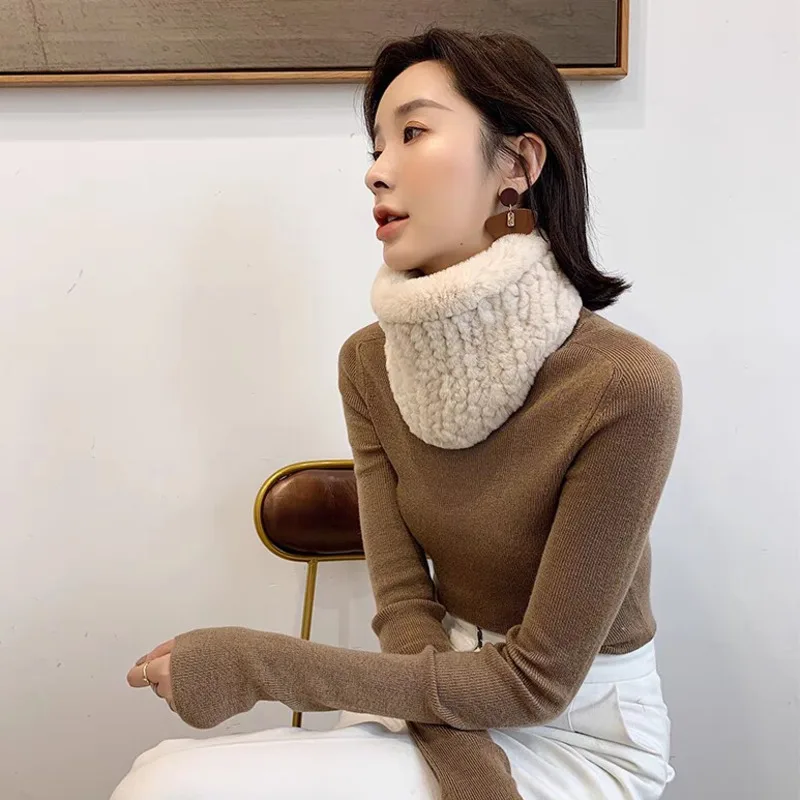 Winter Rex Rabbit Fur Scarf Warm Knitted Neck Warmer Triangular Warm Short Fur Scarf Outdoor Keep Warm 100% Natural Fur Scarf
