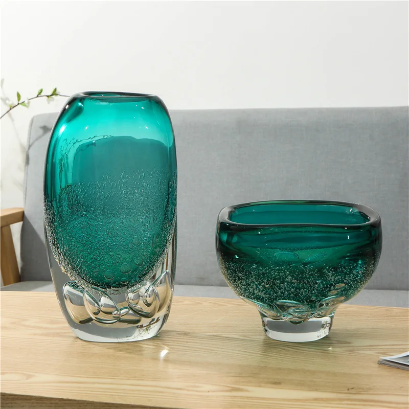 Italian light luxury bubble blue glass vase, model house, living room ornament, desktop texture, home flower arrangement