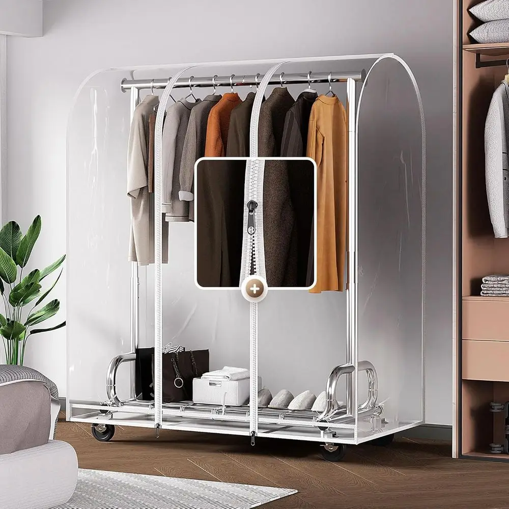 Adjustable Heavy-Duty Garment Rack with Cover, Portable and Lockable Wheels for Bedroom, Living Room, or Laundry Area
