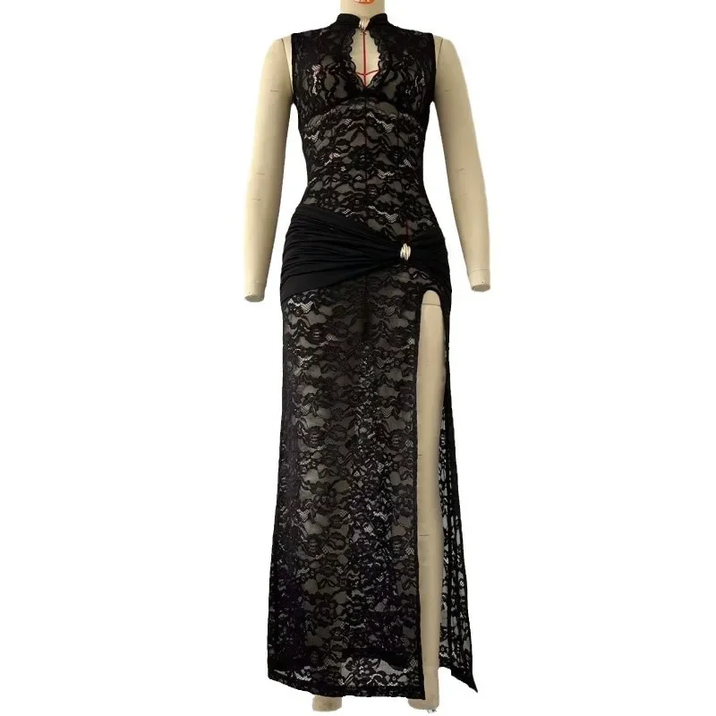 BWQ Abito lungo da donna sexy in pizzo scollato senza maniche con spacco alto abito da sera per club vintage casual aderente trasparente