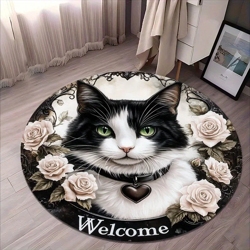Elegant Black and White Cat Welcome Doormat with Floral Wreath Design for Home Entrance Decor
