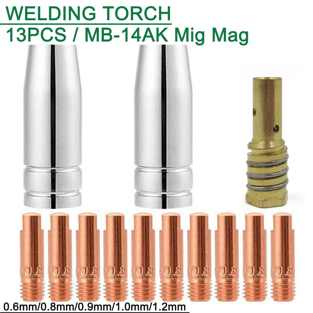 13pcs 14AK MIG Welding Torch Consumables 0.6/0.8/0.9/1.0/1.2mm Gas Nozzle Tips Holder for Gas Valve Integrated Gasless Welder