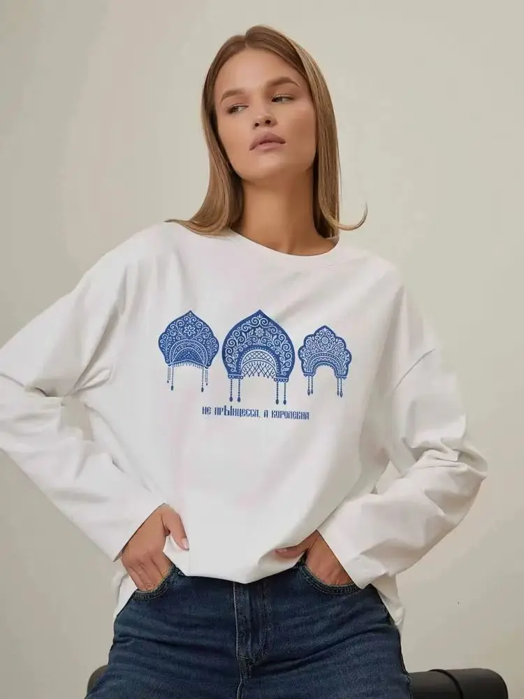 Estilo étnico russo impressão oversized t camisa feminina o pescoço manga longa solto moletom casual estilo russo moda topos 2025