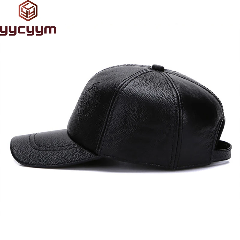 Male Fall Winter Genuine Real Cow Leather Baseball Hats New Men Casual Real Leather Earflap Cap Men Real Cowhide Leather Caps