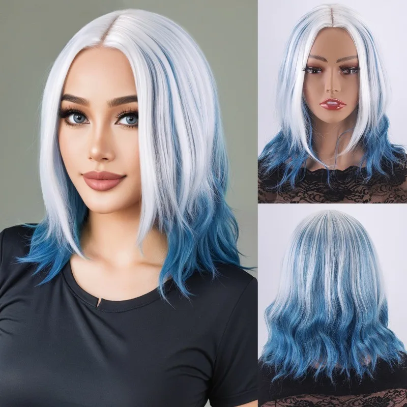 

Women's Wig Short Wavy Curly Wig Ladies Hair Wig White Blue Wig