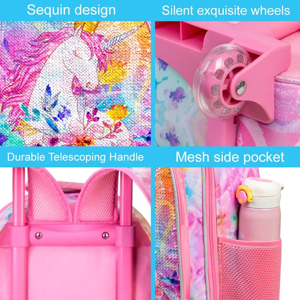 Rolling Backpack for Girls and Boys,Kids Unicorn Bookbag with Roller Wheels, Suitcase School Bag Set