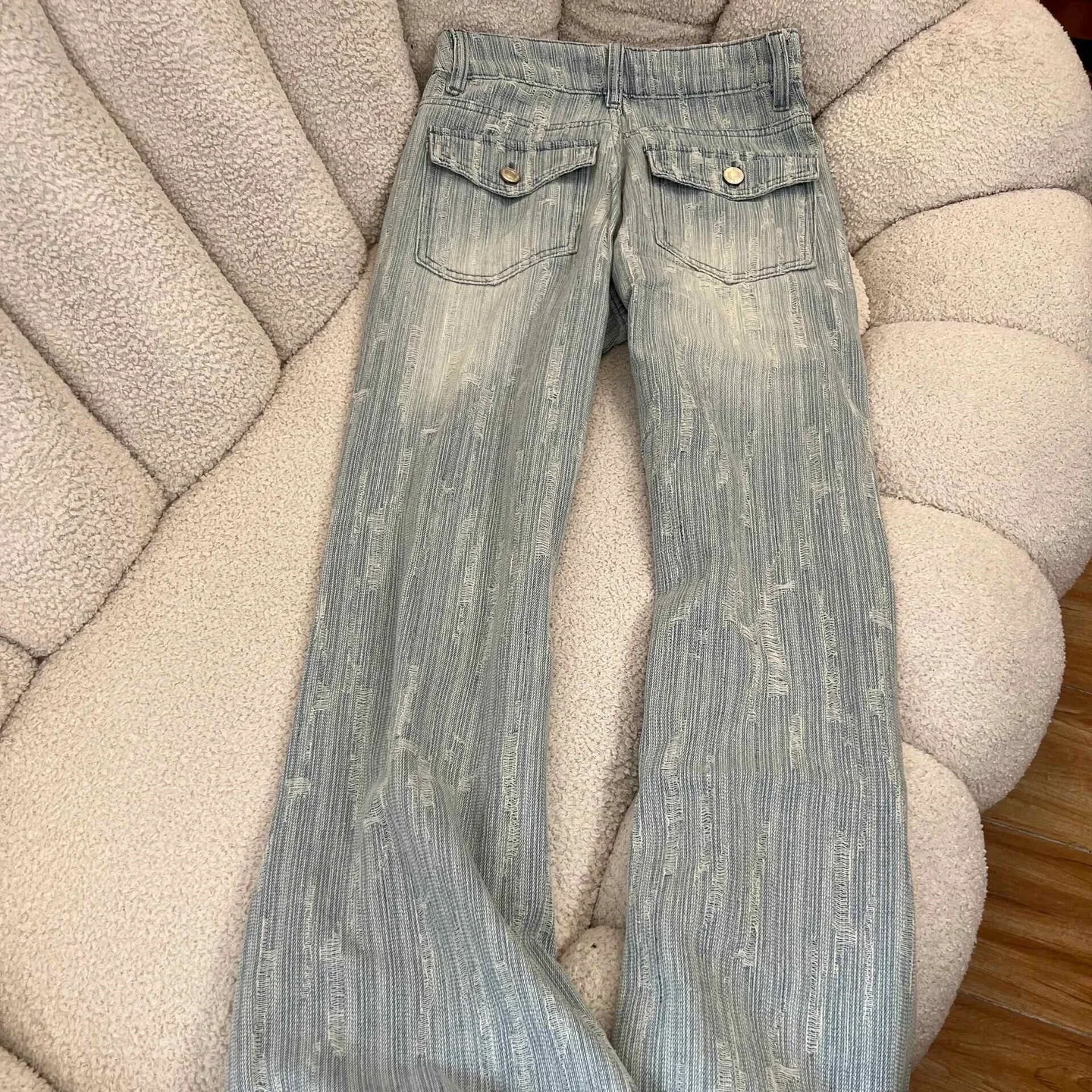 

Light Blue Frayed Flare Jeans Women High Waist Loose Denim Pants