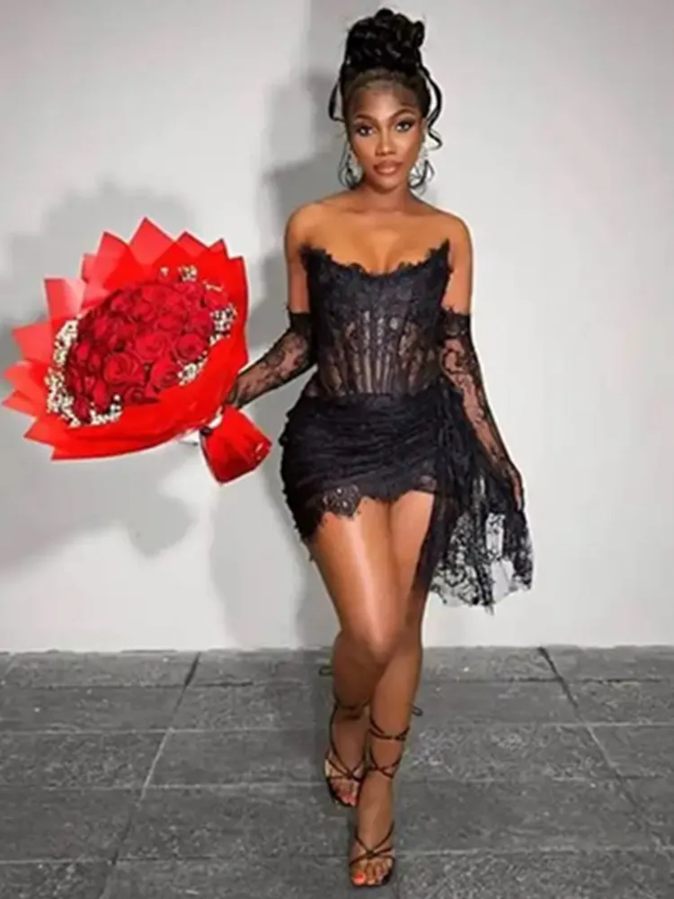 Women Luxury Lace Party Dress Sexy Red Black Strapless Corset Bodycon Mini Dresses with Gloves Celebrity Birthday Evening Dress