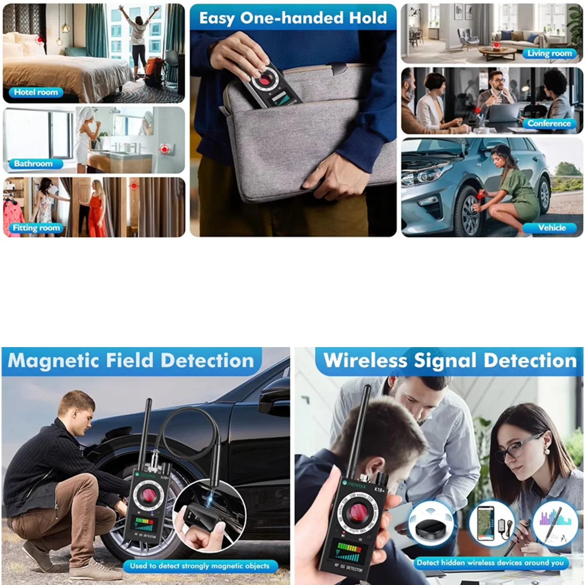 K18+ Smart Hidden Camera Detector Anti Spy Device RF Signal Magnetic Field Detection 1500 Scans/Sec 5cm-15m Range Portable