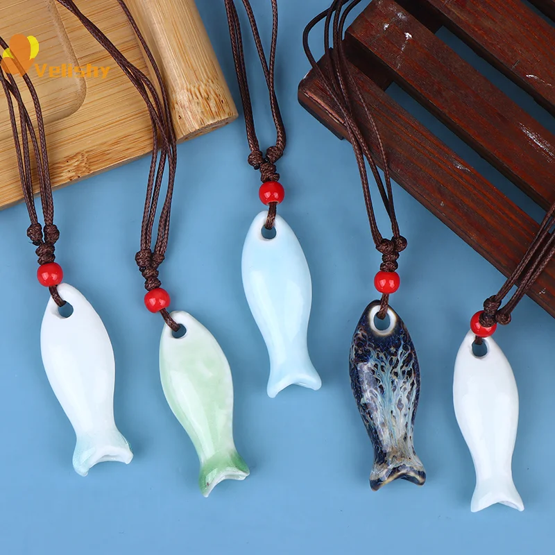 Chinese Style Ceramic Fish Whistle Necklaces Pendant Smooth Handmade Whistle Delicate Charm Necklace Unisex Sweater Chain