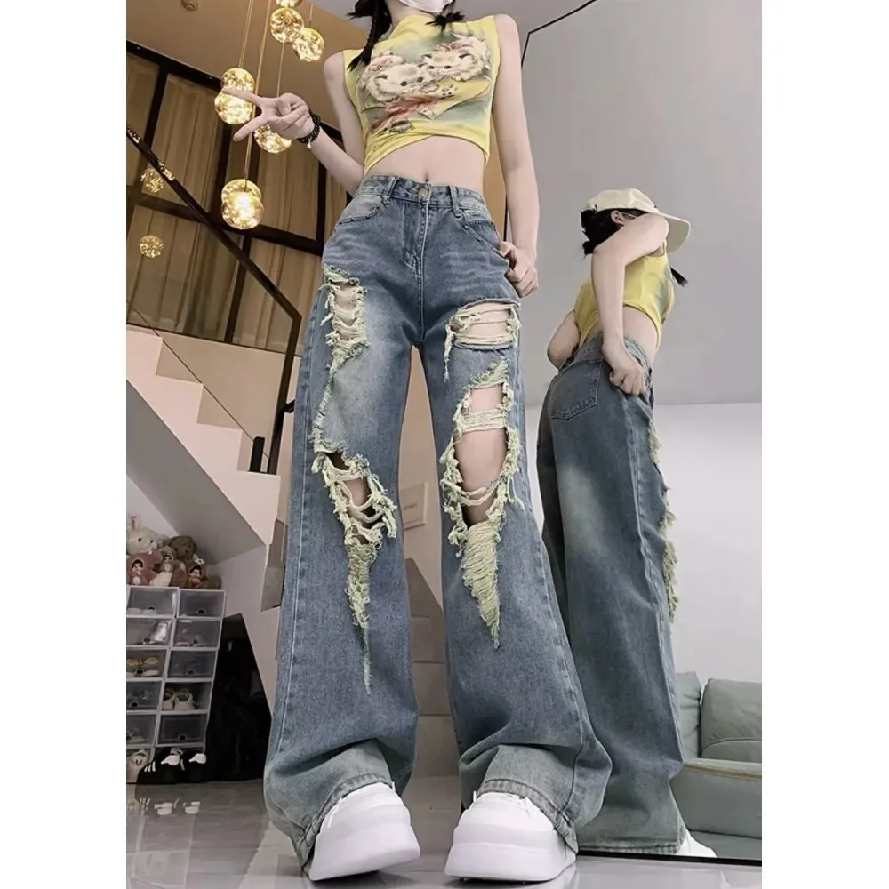 American Style Vintage Washed Ripped Jeans Women's 2024 New All-match High Waist Loose Slimming Straight Leg Wide-leg Pants