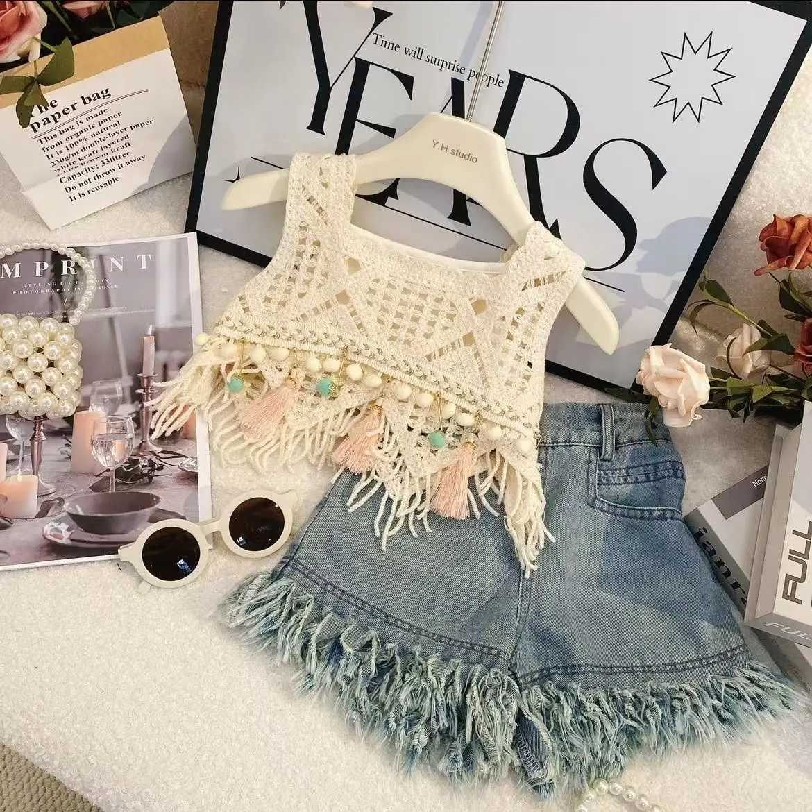 Girls Strap Summer Set 2026 New Fashionable Girl Baby Tank Top Children Denim Shorts Three Piece Set