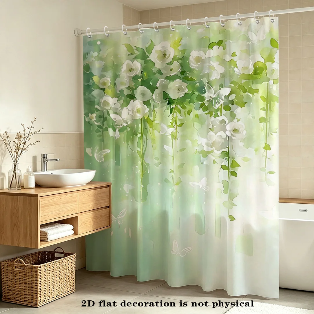 2D Flat, 2D Flat, 2D Flat Shower Curtain 1pc, Vine Green Vine Dance Background Curtain, Natural Entwining Wind, Polyester Fabric