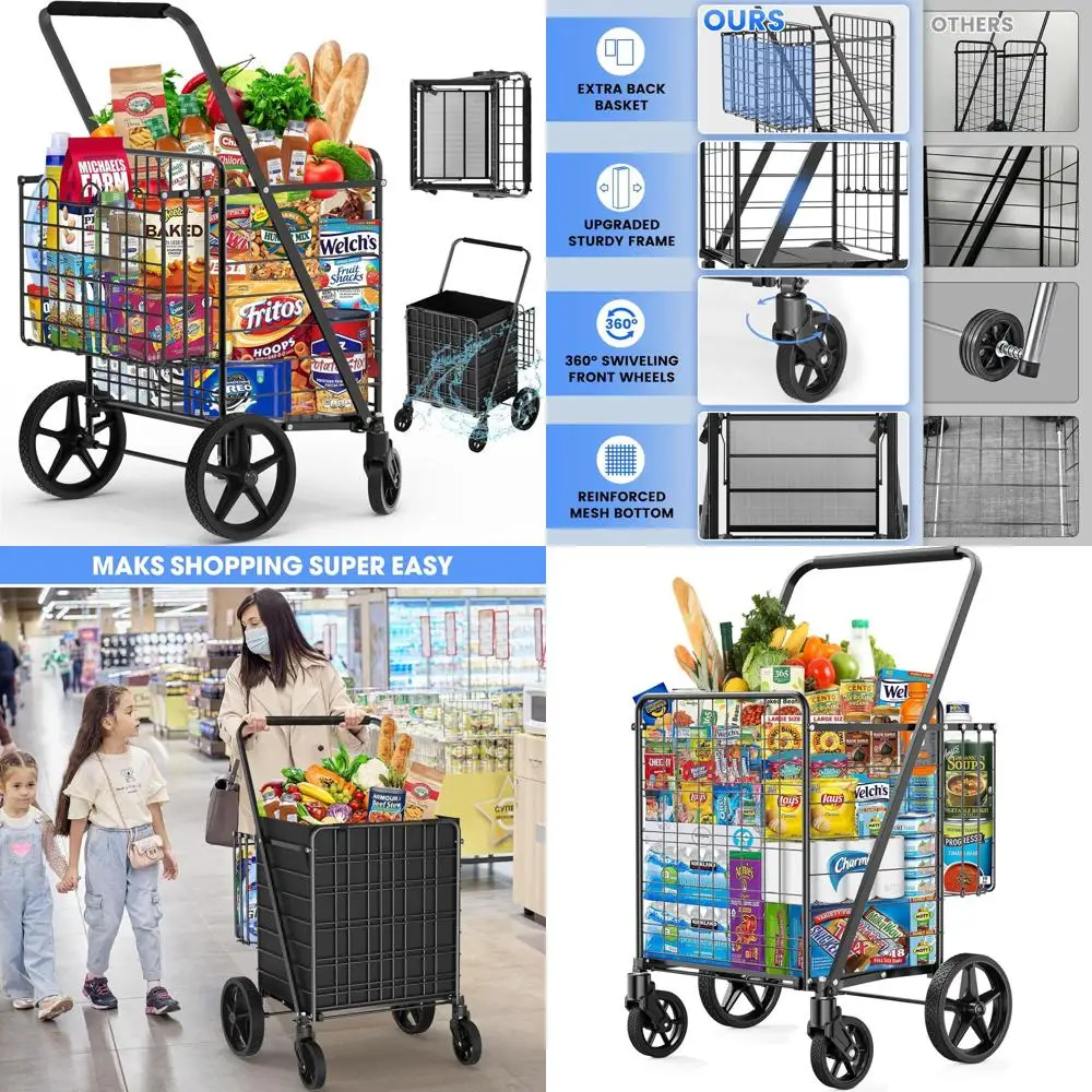 

Усиленная тележка для покупок с двойной корзиной для больших объемов продуктов и поворотом на 360° ° Поворотные колеса