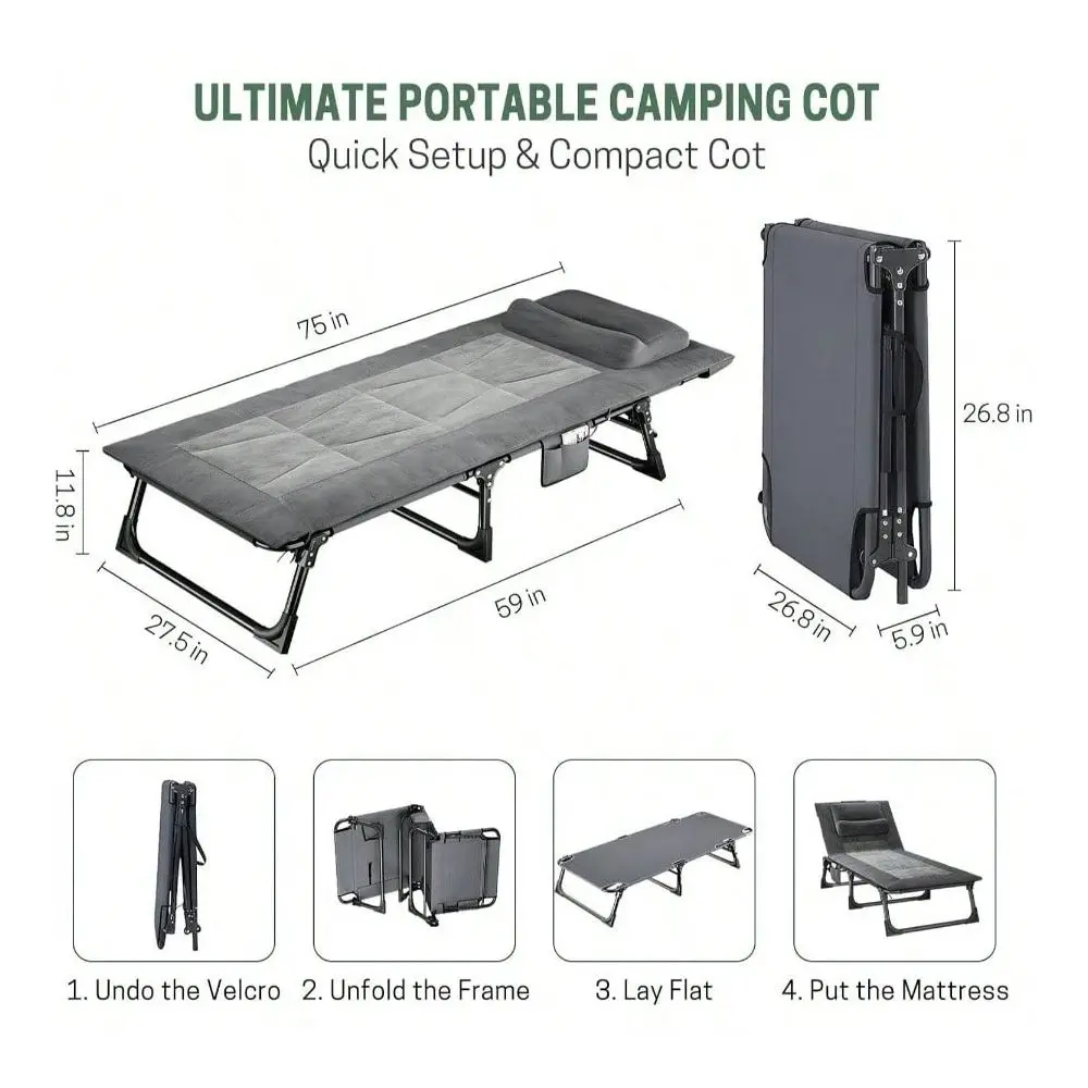 Camping Cot Adults, Adjustable 4 Position Reclining Chair With Mattress And Pillow, Lounge Chair Camp Cots Bed Sleeping, Travel