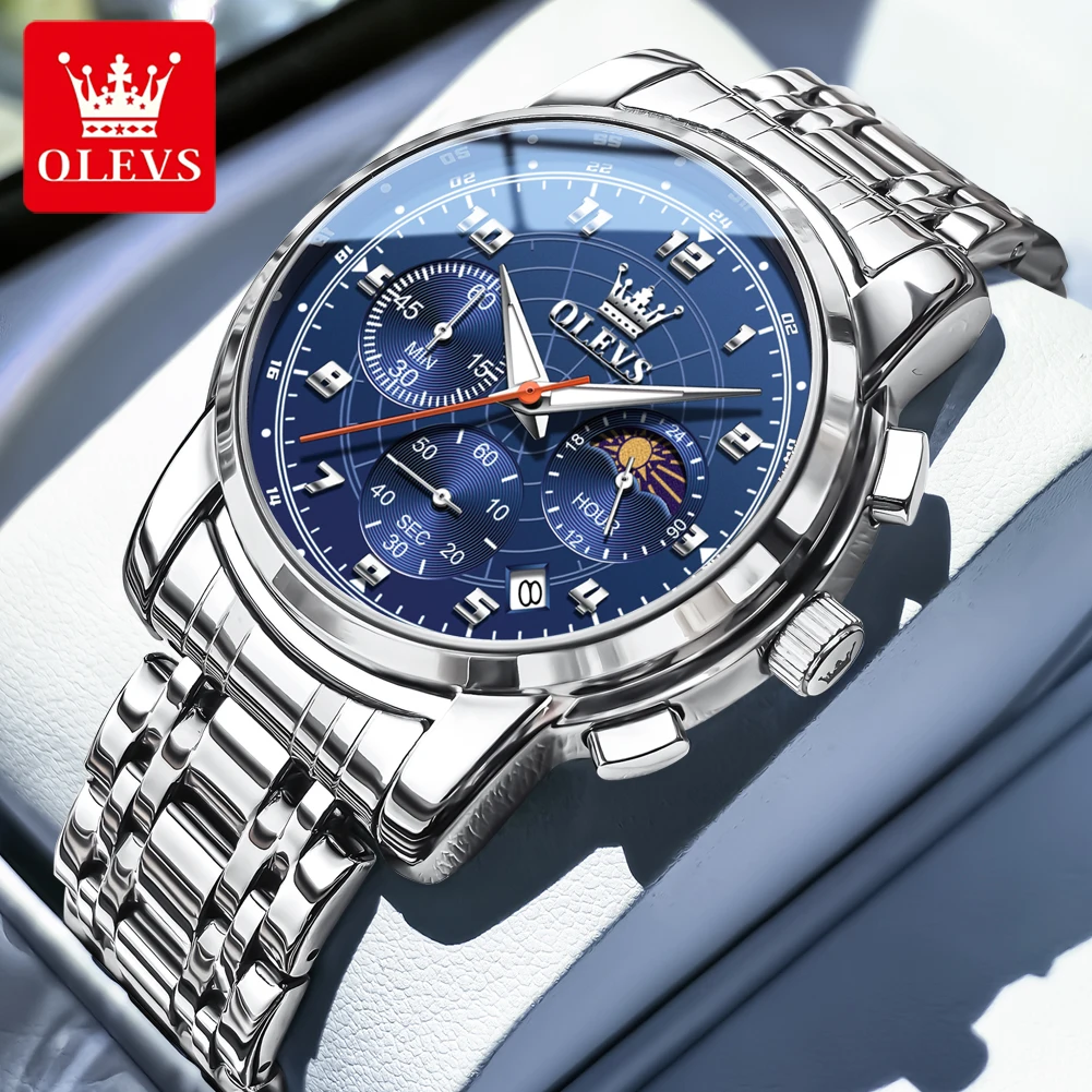 

OLEVS New Fashion Multifunctional Moon Phase Chronograph Quartz Watch Men Steel Strap Waterproof Luminous Watches For Man Gift