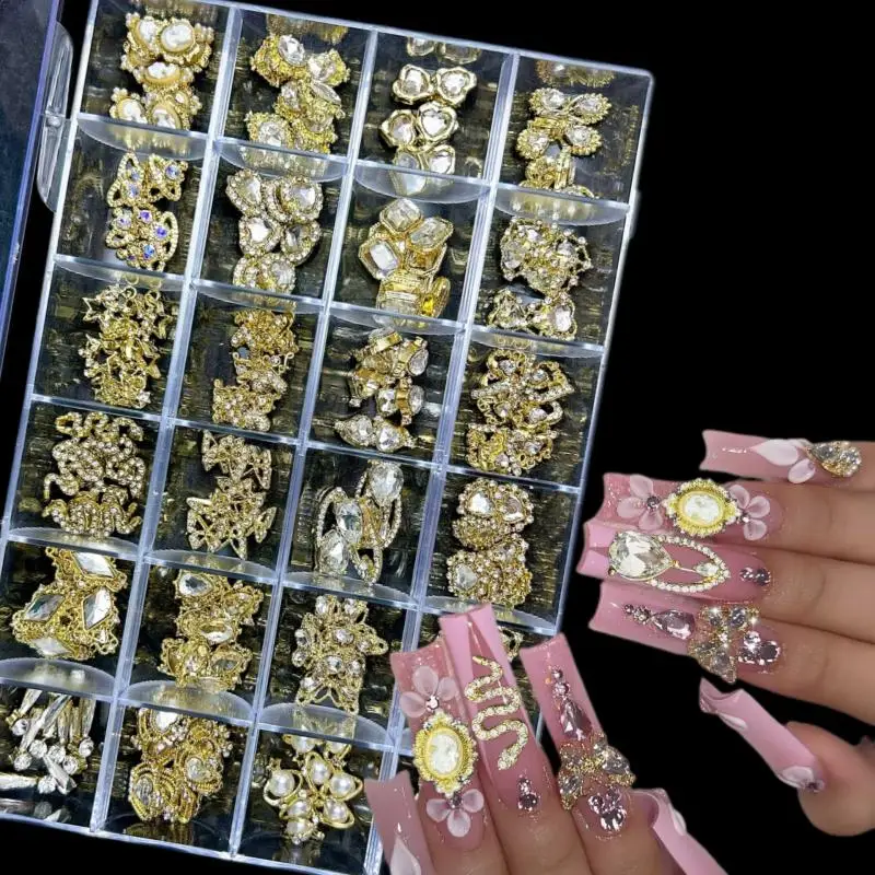 1Box Exquisite Alloy Crown Butterfly Cross Nail Charms Hollowed Stars Heart Transparent Rhinestones Inlaid Nail Decorations DIY