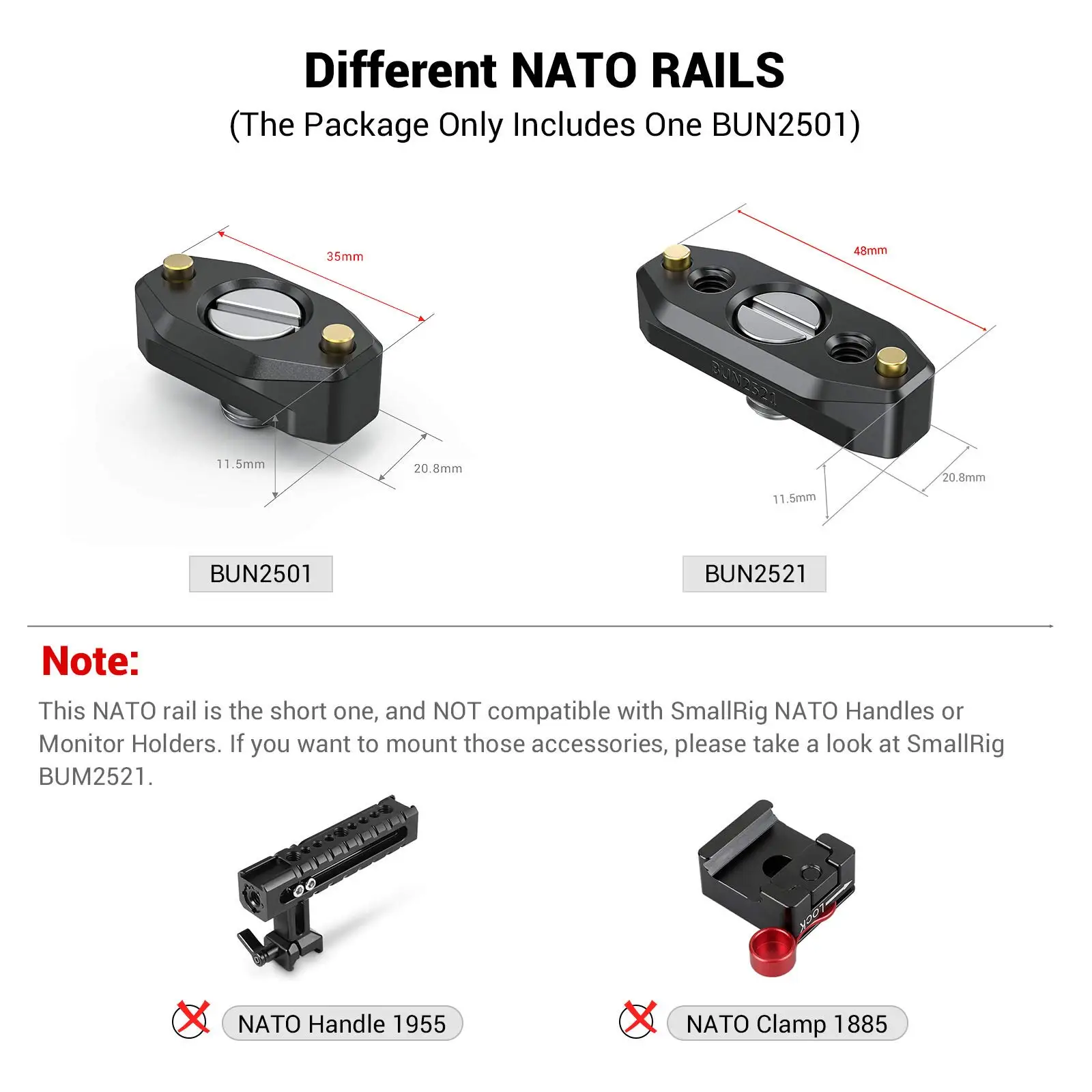 SmallRig-Trilho NATO de liberação rápida com parafuso localizador ARRI, acessório ARRI, suportes para gaiola de câmera NATO, 2501, 35mm, 48mm