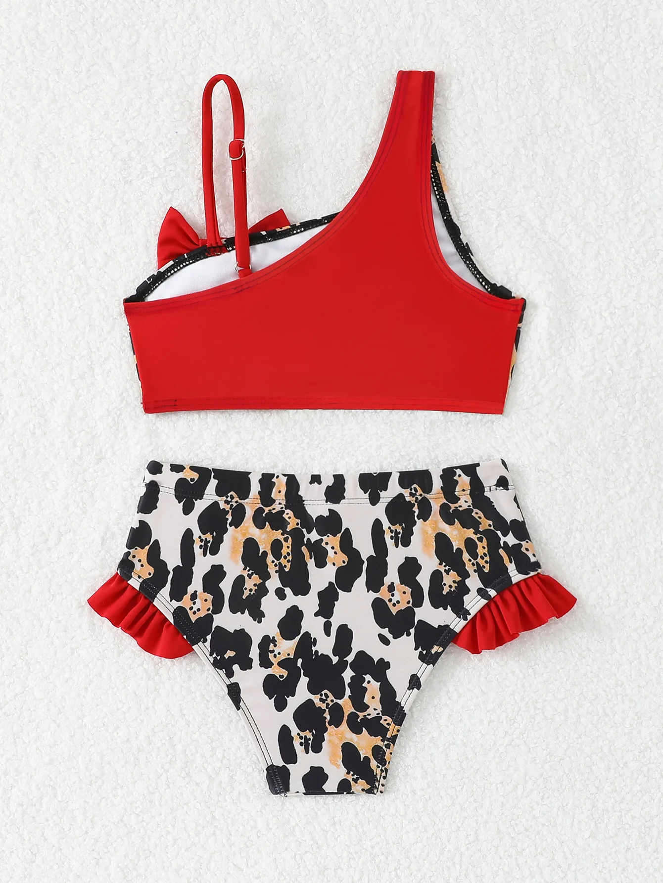 Immagine 5: Nuovo Costume da Bagno Monospalla con Stampa Leopardata per Ragazze, Bikini Sottile con Fiocco e Spacco, Abbigliamento da Spiaggia
