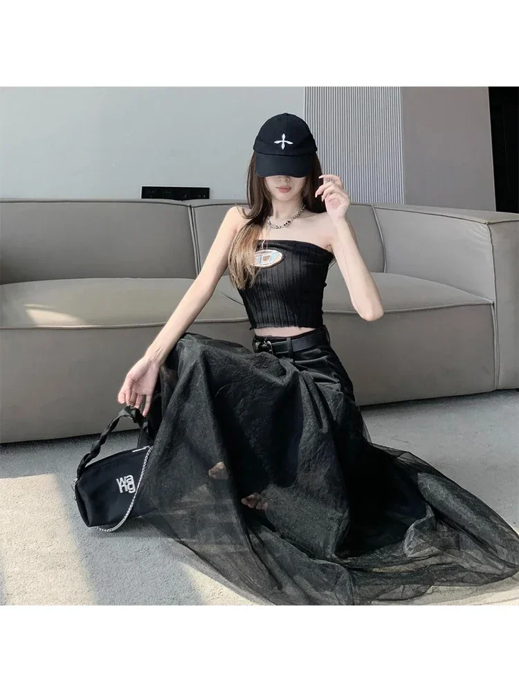 Women Patchwork Black Gothic Skirt Harajuku Korean Y2k Long Skirt Fashion Streetwear Vintage A-line Skirt 90s Emo 2000s Clothes