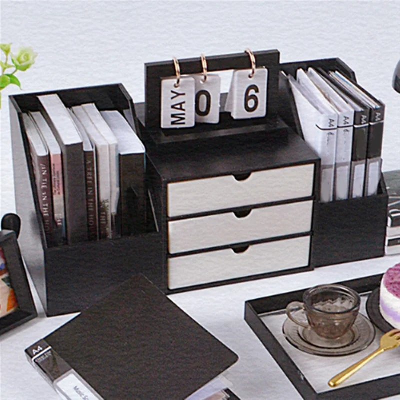 AC52-Dollhouse Miniature Bookshelf Storage Rack บ้านตุ๊กตาโต๊ะชั้นวางเฟอร์นิเจอร์แฟ้มจัดเก็บลิ้นชักชุดตกแต่ง