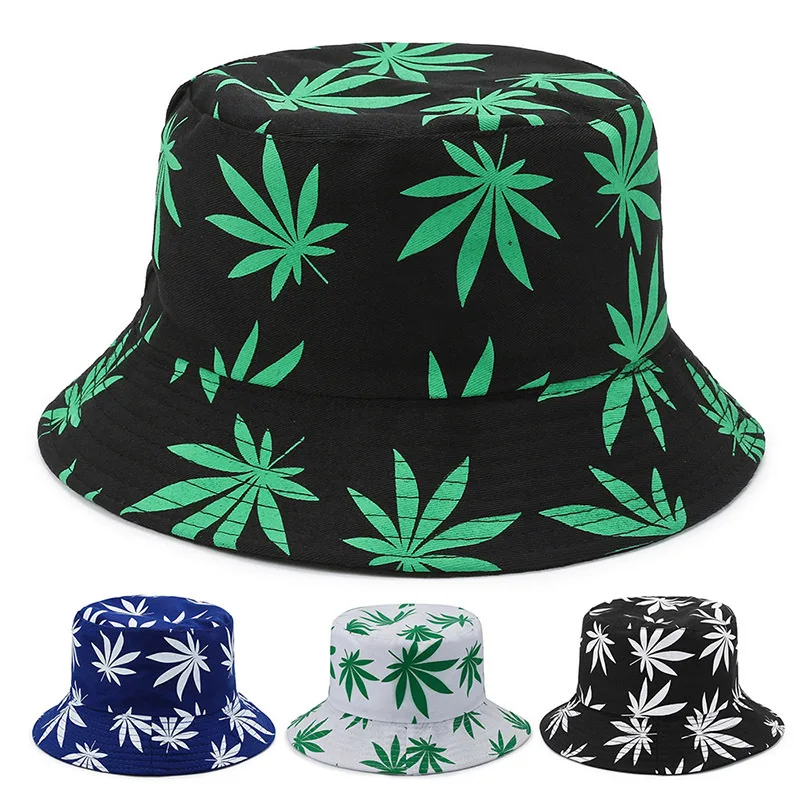 Women Spring Summer Marijuana Leaf Print Cotton Polyester Fisherman Cap Female Wide Brim Travel Decorate Sunscreen Sun Hat A8