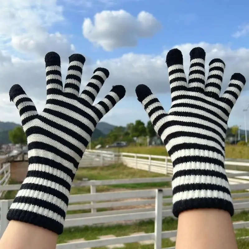 

652F зимние перчатки для мужчин и женщин, теплые перчатки с сенсорным экраном для мобильного телефона, черно-белые полоски,