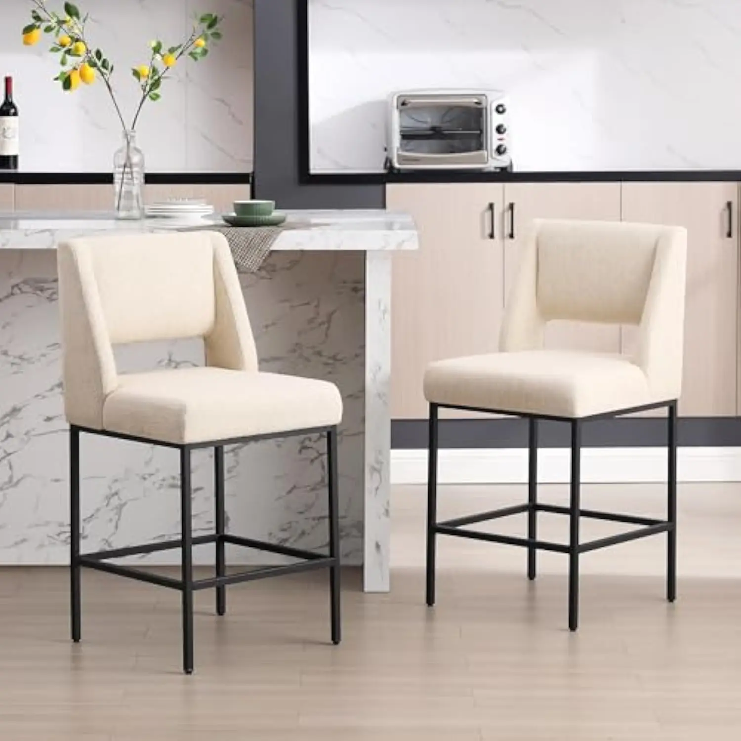 

26” Counter Height Bar Stools Set of 2, Upholstered Barstools with Thickened and Widened Cushion, Open Back and Metal Legs, Mod