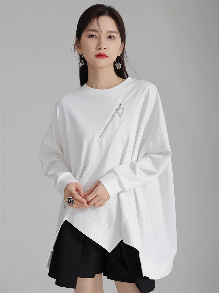 [EAM] Black Irregular Hem Zipper Sweatshirt New Round Neck Long Sleeve Women Big Size Fashion Tide Spring Autumn 2023 1DH4308