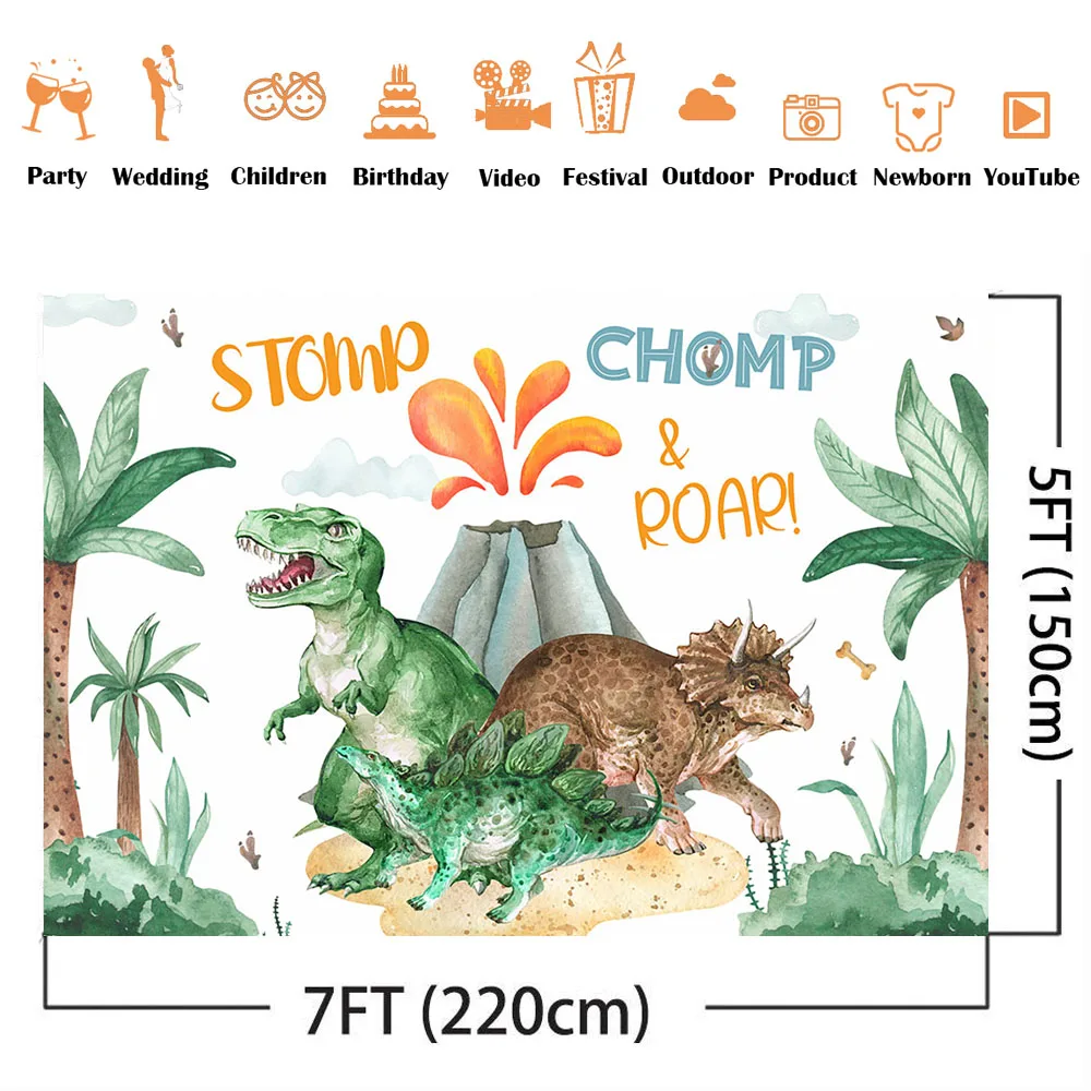 Dinosaur Birthday Backdrop Stomp Roar Chomp Photo Background Coconut Tree Volcanoes Theme Party Decoration Banner Photocall