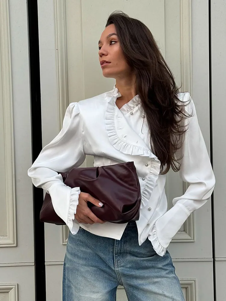 2025 Chic White Ruffled V Neck Split Women's Blouse Fashion Flare Sleeve Single Breasted Shirts Lady Spring Commute Street Top