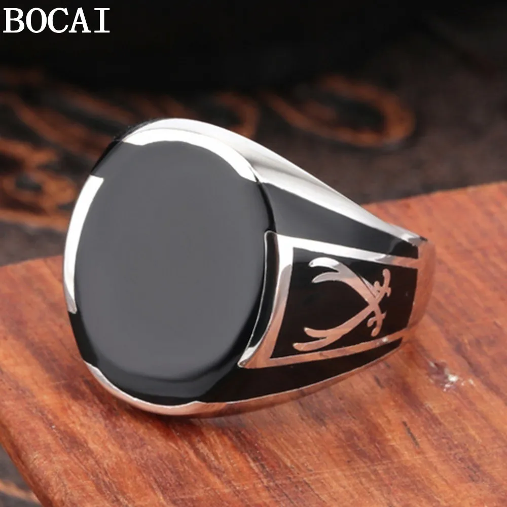 BOCAI New Solid Real S925 Pure Silver Men Ring Black High Quality Crystal Glue Fashion Couple Gift