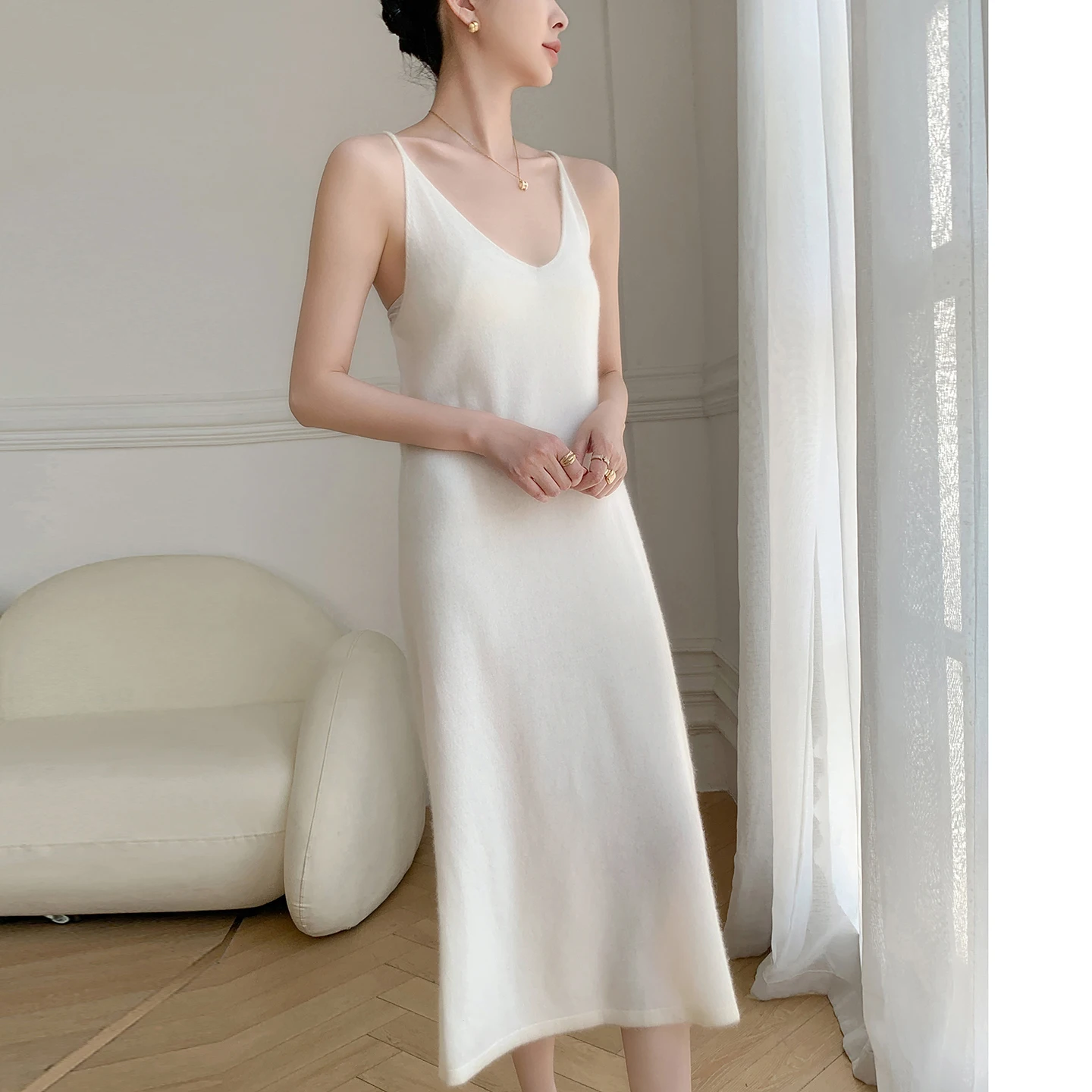 Women's 100% Pure Cashmere Long Strap Skirt Casual Solid Color Knitted Sweater Loose V-neck Pullover Top