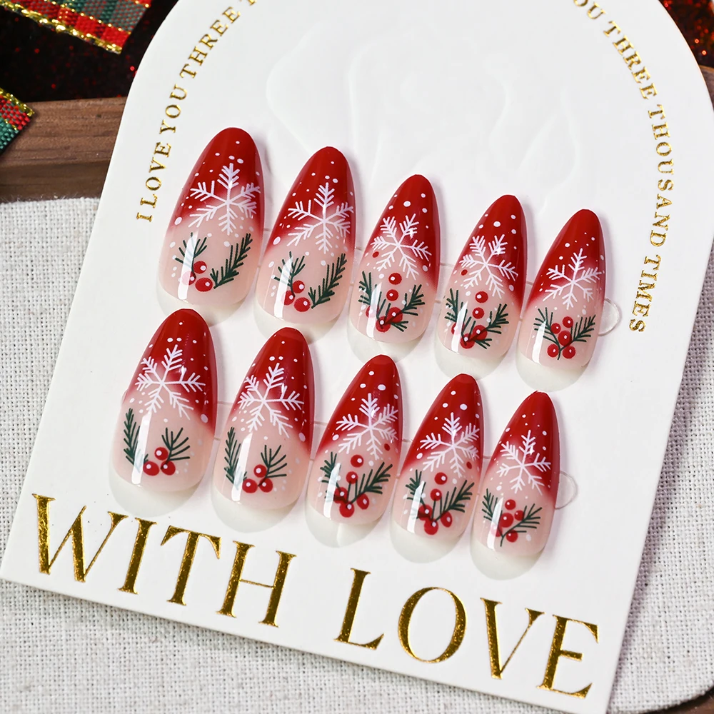 24Pcs Euramerican Christmas Press On Nails Red Short Almond Snowflakes Pine Leaf French Fake Nails Winter Xmas False Nails Tips