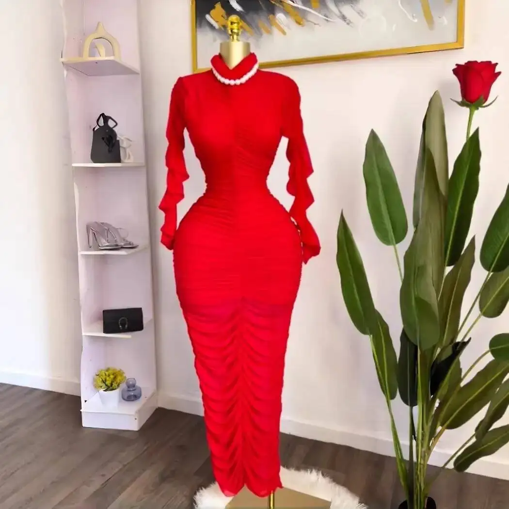 

2026 Spring 2-piece Dress Set Long Sleeve Ruched Sexy Long Dress With Inner Camisole Summer Dress Robe Vestido Women Elegant