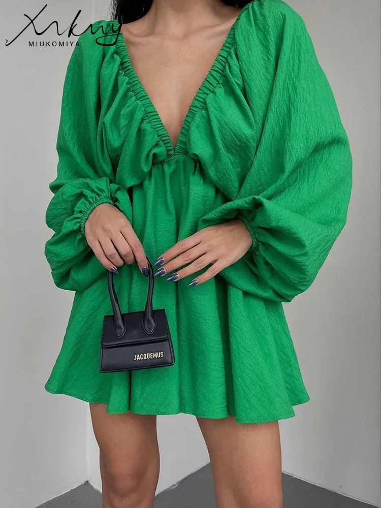 Summer Long Sleeve Mini Dresses For Woman Big V Neck Sexy Puff Sleeve Dress Short Loose White Women\'s Dresses Summer 2023 Green