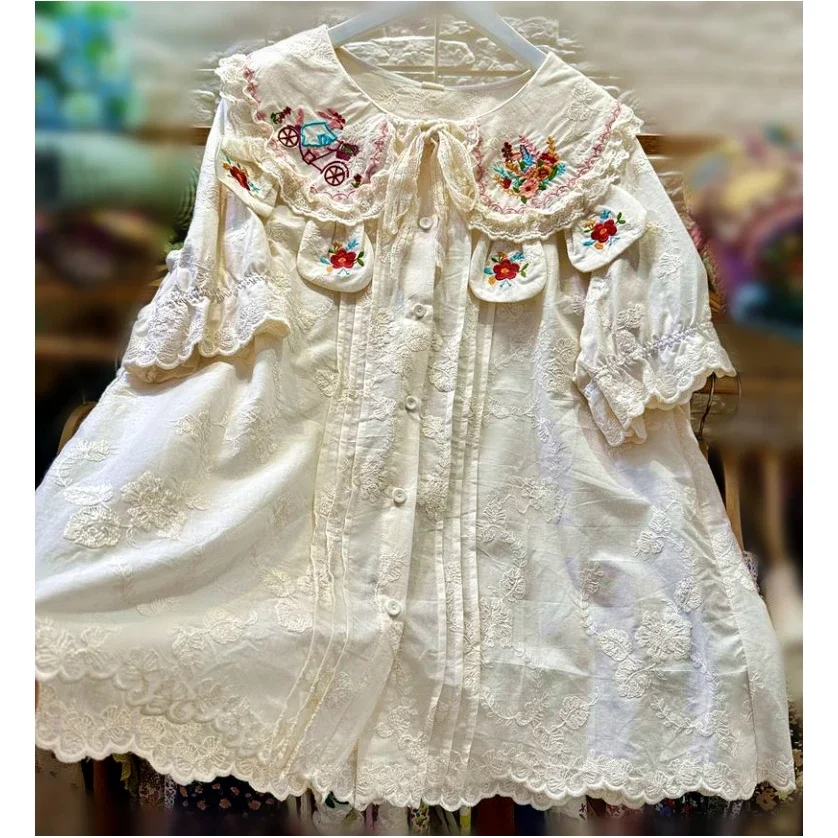 Summer Mori Girl Cotton Floral Embroidery Short Sleeve Tunic Shirt Vintage Retro Chic Sweet Kawaii Lolita Chubby Babydoll Blouse