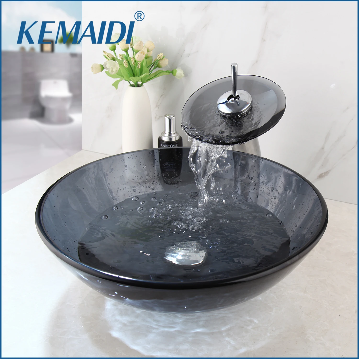 

KEMAIDI Tempered Glass Bathroom Vessel Sink Grey Vessel Sink and Round Bowl Sinks Above Counter W/ Waterfall Faucet Mixer