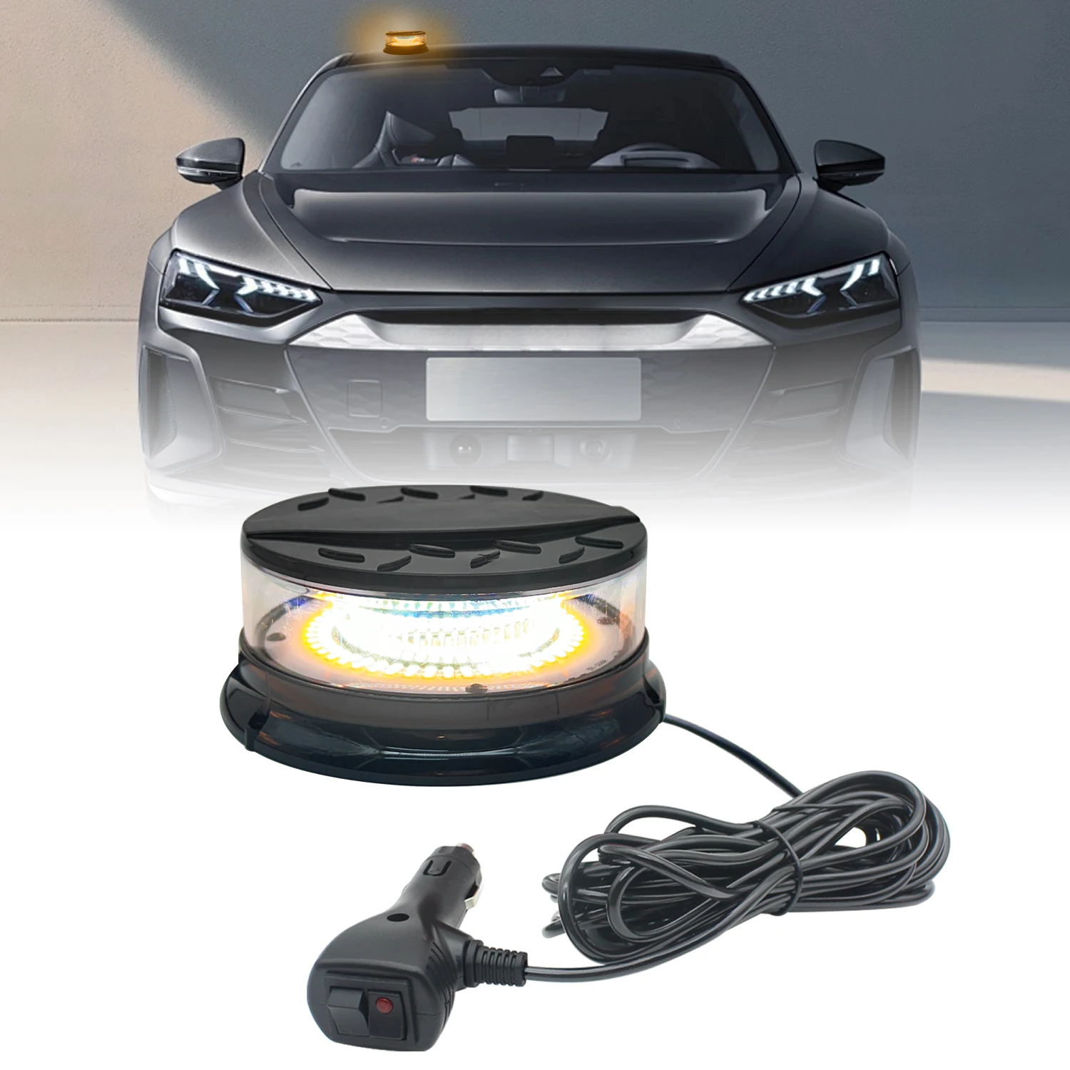 12-24V Car Emergency Warning Beacon Light Amber White LED Flashing Strobe Lamp Strong Magnet Base With Cigarette Lighter Cable