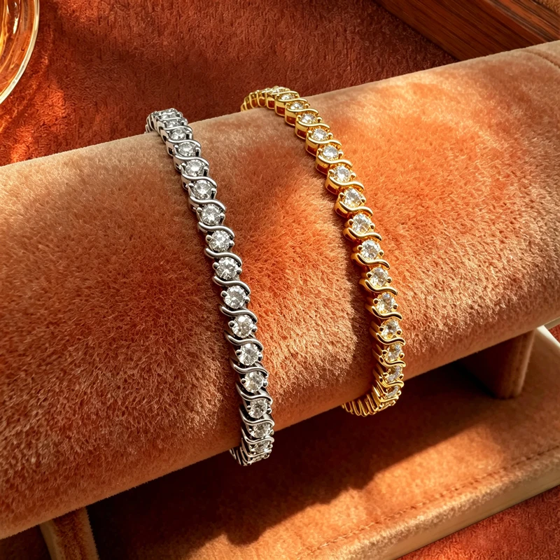 Rrjzz 3mm Voll-Moissanit Diamant Wellenmuster Armband D-Farbe Labor-Imitationsdiamant Damen Charm Tennis-Armband Schmuck Geschenke – Detail 2