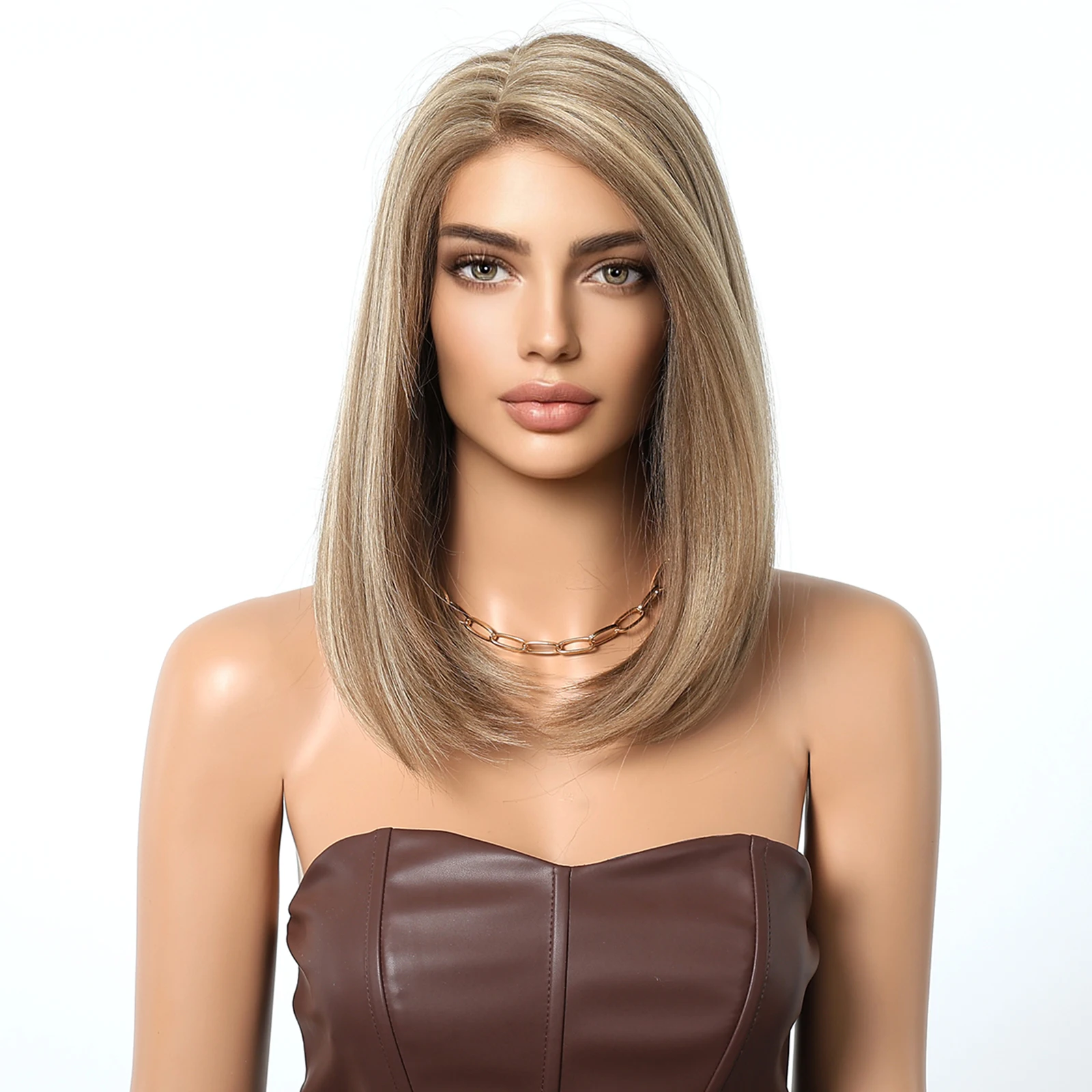 Straight Blonde Highlight Lace Synthetic Wig Side Part Medium Natural Synthetic Hair Daily Blonde Synthetic Heat Resistant Fiber